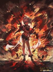 1girl 2025 absurdres arknights black_shoes black_shorts dated explosion fire full_body grey_hair grin highres navel shoes shorts smile solo teeth w_(arknights) watermark weibo_6441844007 weibo_username weibo_watermark wis&#039;adel_(arknights)