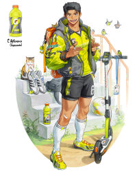 1boy absurdres animal backpack bag bag_charm ball bandaid bandaid_on_face bandaid_on_hand bandaid_on_knee bandaid_on_leg bird black_hair bottle can cat charm_(object) cleats commentary dark-skinned_male dark_skin drink_can english_commentary gatorade highres jacket jewelry lanyard unworn_lanyard looking_at_viewer motorized_kick_scooter necklace open_mouth original outdoors plant reference_inset rinotuna shoes short_hair shorts smile soccer_ball soccer_uniform socks soda_can sports_drink sportswear stairs stone_stairs teeth white_socks