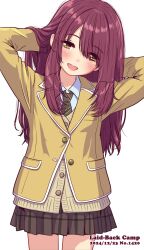 1girl :d arms_behind_head arms_up blazer blush brown_cardigan brown_eyes brown_hair brown_jacket brown_necktie brown_skirt cardigan collared_shirt commentary_request copyright_name cowboy_shot dated diagonal-striped_clothes diagonal-striped_necktie eyes_visible_through_hair hair_over_one_eye hands_in_hair head_tilt highres jacket jagi_(jagi_souken) long_hair necktie open_mouth plaid_clothes plaid_skirt pleated_skirt school_uniform shirt simple_background skirt smile solo striped_clothes toki_ayano very_long_hair white_background white_shirt yurucamp