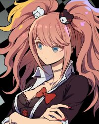 1girl bear_hair_ornament black_bra black_shirt blonde_hair blue_eyes bow bra breasts choker cleavage collarbone danganronpa:_trigger_happy_havoc danganronpa_(series) enoshima_junko hair_ornament highres large_breasts long_hair nail_polish red_bow red_nails shirt solo twintails underwear youko-shima