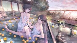 2girls alternate_hairstyle artist_name bare_arms barefoot black_hair blue_eyes breasts bucket cat cleavage closed_mouth collarbone covering_privates cup drinking_glass evening feet food fruit hair_bun highres holding holding_cup kneeling large_breasts legs light_blush looking_at_viewer mandarin_orange multiple_girls naked_towel nude_cover onsen outdoors partially_submerged ponkan_8 purple_eyes railing rubber_duck same-sex_bathing shared_bathing short_hair siblings sisters sitting slice_of_life small_breasts towel water wet_towel window wooden_bucket wooden_railing yahari_ore_no_seishun_lovecome_wa_machigatteiru. yukinoshita_haruno yukinoshita_yukino