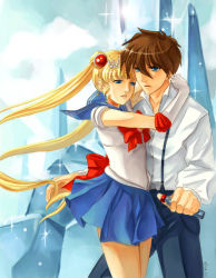 Rule 34 | 1990s (style), 1boy, 1girl, bishoujo senshi sailor moon, blonde hair, blue eyes, blue sailor collar, blue skirt, bow, brown hair, choker, couple, crossover, double bun, elbow gloves, elise trinh, gloves, gundam, gundam wing, heero yuy, hetero, hug, long hair, magical girl, midorikawa hikaru, red bow, sailor collar, sailor moon, sailor senshi, voice actor connection, short hair, skirt, suspenders, tiara, tsukino usagi, twintails, white gloves