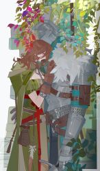 1boy 1girl absurdres armor bearer_of_the_curse brown_hair chainmail commentary dark_souls_(series) dark_souls_ii dress emerald_herald english_commentary gauntlets green_dress hanging_plant helmet highres hug long_hair nslacka plant pouch red_eyes wavy_hair