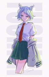 1girl blue_eyes blue_hair boku_no_hero_academia collared_shirt drill_hair grey_jacket hado_nejire hair_horns highres jacket looking_at_viewer necktie red_necktie sachi7723 school_uniform shirt short_hair skirt smile solo twin_drills u.a._school_uniform white_shirt