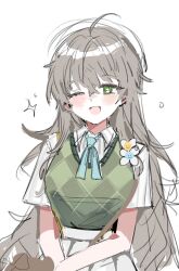 1girl ;d ahoge argyle_clothes argyle_sweater_vest beret black_survival blue_ribbon blush breasts collared_shirt commentary_request duplicate eternal_return:_black_survival felix_(black_survival) genderswap genderswap_(mtf) green_eyes green_sweater_vest grey_hair hat high-waist_skirt korean_commentary long_hair looking_at_viewer medium_breasts neck_ribbon okchun one_eye_closed open_mouth pixel-perfect_duplicate pleated_skirt ribbon shirt shirt_tucked_in short_sleeves simple_background sketch skirt smile solo sparkle straight-on sweater_vest upper_body very_long_hair white_background white_hat white_shirt white_skirt