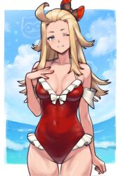 1girl ahoge bangs_pinned_back blonde_hair blue_eyes blue_sky bow bravely_default:_flying_fairy bravely_default_(series) breasts covered_navel edea_lee frills hair_bow hand_on_own_chest highres long_hair ocean one-piece_swimsuit one_eye_closed outside_border red_one-piece_swimsuit rotomdocs sky solo swimsuit