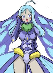 1girl armor blue_eyes blue_hair blush breasts bug butterfly butterfly_wings digimon digimon_(creature) digimon_story:_cyber_sleuth_hacker&#039;s_memory fur_collar highres hudiemon insect insect_wings leotard long_hair looking_at_viewer medium_breasts open_mouth ph6xeivbgpimggg shoulder_armor skirt smile thick_thighs thighs wings