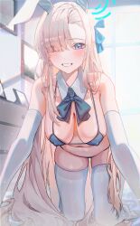 Rule 34 | 1girl, :d, absurdres, alternate costume, animal ears, asuna (blue archive), asuna (bunny) (blue archive), bare shoulders, bikini, black bikini, black ribbon, blonde hair, blue archive, blue bow, blue eyes, blush, bow, breasts, breasts apart, collarbone, covered erect nipples, day, detached collar, domi (hongsung0819), elbow gloves, fake animal ears, gloves, grin, hair bow, hair over one eye, halo, highres, indoors, kneeling, large breasts, looking at viewer, mole, mole on breast, neck ribbon, nontraditional playboy bunny, one eye covered, open mouth, outstretched arms, parted bangs, playboy bunny bikini, rabbit ears, ribbon, smile, solo, string bikini, swimsuit, teeth, thighhighs, white gloves, white thighhighs