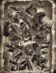 Rule 34 | alternate color, burning godzilla, character name, claws, crossover, dinosaur, electricity, energy, english text, everyone, extra teeth, fangs, giant, giant monster, gills, glowing, glowing eyes, glowing gills, glowing mouth, glowing spikes, godzilla, godzilla, mothra and king ghidorah: giant monsters all-out attack, godzilla: final wars, godzilla: king of the monsters, godzilla: planet of the monsters, godzilla (1954 movie), godzilla (series), godzilla (shin), godzilla against mechagodzilla, godzilla earth, godzilla singular point, godzilla ultima, godzilla vs. destoroyah, godzilla vs. megaguirus, godzilla vs. megalon (1973), godzilla vs. mothra, highres, kaiju, king kong (series), king kong vs. godzilla, legendary pictures, monochrome, monster, monsterverse, mothra vs. godzilla, multiple persona, no humans, no pupils, open mouth, roaring, sharp teeth, shin godzilla, signature, smoke, spikes, steam, teeth, the return of godzilla, thomdotartz, toho, tongue