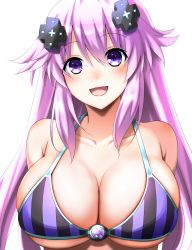 1girl :d adult_neptune arms_behind_back bare_shoulders bikini blush breasts cleavage collarbone d-pad d-pad_hair_ornament doria_(p_f_dolia) female_focus gem hair_ornament highres large_breasts looking_at_viewer neptune_(series) open_mouth purple_bikini purple_eyes purple_hair shin_jigen_game_neptune_vii sidelocks simple_background smile solo striped_bikini striped_clothes swimsuit underboob upper_body vertical-striped_bikini vertical-striped_clothes white_background