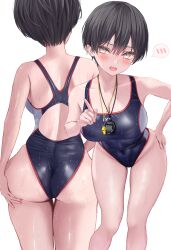 1girl absurdres ass back bare_arms black_hair black_one-piece_swimsuit blush breasts cleavage commentary_request competition_swimsuit covered_navel grey_eyes highres index_finger_raised large_breasts multiple_views norio_(noriosub) one-piece_swimsuit open_mouth original short_hair simple_background standing stopwatch stopwatch_around_neck swimsuit thighs tomboy watch wet whistle whistle_around_neck white_background
