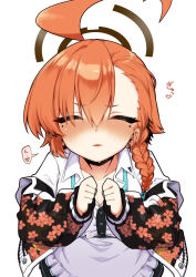 1girl absurdres ahoge blue_archive braid closed_eyes earrings hair_between_eyes hair_over_shoulder highres huge_ahoge incoming_kiss jacket jewelry long_hair long_sleeves mole mole_under_each_eye mole_under_eye multiple_moles myon2 neru_(blue_archive) orange_hair print_jacket single_braid solo stud_earrings sukajan