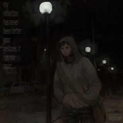 Rule 34 | 1boy, bag, black hair, car, ch1ckenpretz, cry of fear, dim lighting, english text, forest, grey hoodie, hands in pockets, highres, hood, hood up, hoodie, lamppost, male focus, motor vehicle, nature, night, outdoors, road, serious, shoulder bag, simon henriksson, solo, street, upper body, walking