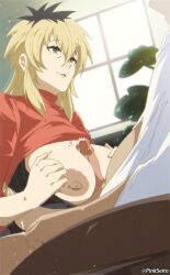 Rule 34 | 1boy, 1girl, absurdres, artist name, black bra, black hair, blonde hair, bra, breasts, cum, green eyes, hetero, highres, indoors, ishida miyako, koe no katachi, large areolae, large breasts, long hair, mature female, mole, mole on breast, multicolored hair, nipples, open mouth, orphen (pink seito), paizuri, penis, turtleneck, uncensored, underwear, watermark