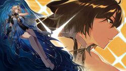 2girls absurdres bare_legs bare_shoulders barefoot black_bow black_dress black_hair blue_eyes bow breasts closed_mouth commentary_request crown_of_thorns dress earrings feet female_rover_(wuthering_waves) fleurdelys_(wuthering_waves) floating_earrings hair_bow hand_up highres horns huge_breasts jewelry legs leppib looking_ahead looking_at_viewer multiple_girls parted_lips pointy_ears profile rover_(wuthering_waves) single_horn tabard toes white_tabard wuthering_waves yellow_eyes yellow_horns