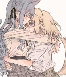 2girls animal_ears bang_dream! bang_dream!_it&#039;s_mygo!!!!! black_ribbon blonde_hair blue_hair blush cat_ears cat_girl cat_tail closed_eyes commentary_request dog_ears dog_girl grey_skirt hair_ribbon highres hug junjun_(kimi-la) long_hair long_sleeves medium_hair misumi_uika multiple_girls purple_eyes ribbon shirt short_sleeves simple_background skirt smile tail togawa_sakiko two_side_up white_shirt yellow_background yuri