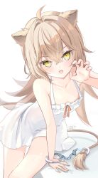 1girl :d absurdres animal_ears brown_hair claw_pose collarbone cuffs dress fang hair_intakes handcuffs heart_handcuffs highres indie_virtual_youtuber lion_ears lion_girl lion_tail long_hair looking_at_viewer omo_omochi_zzz open_mouth revision rurudo_lion rurudo_lion_(1st_costume) see-through_silhouette signature skin_fang sleeveless sleeveless_dress smile solo sundress tail virtual_youtuber white_dress yellow_eyes