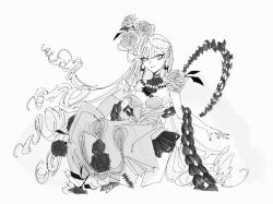 1girl baobhan_sith_(fate) baobhan_sith_(fgo_fes._2025)_(fate) breasts cropped_torso detached_collar dress earrings fate/grand_order fate_(series) flower frills greyscale hair_flower hair_ornament jewelry long_hair looking_at_viewer monochrome pointy_ears smile solo torikai18