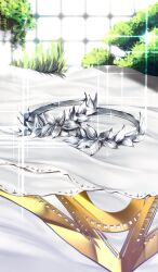commentary fate/grand_order fate_(series) jewelry lasengle no_humans object_focus official_art ring silver_ring sparkle still_life third-party_source unworn_jewelry unworn_ring white_theme