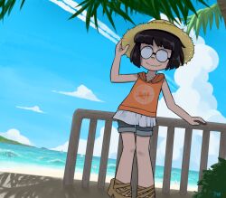 1girl beach black_hair dishwasher9 glasses hat hood hoodie legs marcie_(peanuts) ocean orange_hoodie palm_leaf peanuts_(comic) platform_sandals sandals short_hair shorts skirt smile solo straw_hat
