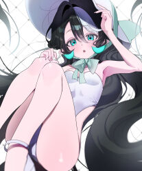 1girl ankle_strap aqua_horns arm_up armpits bare_arms bare_legs bare_shoulders black_hair blue_eyes blurry blurry_foreground breasts chestnut_mouth chin_strap curled_horns depth_of_field expressionless fang fingernails folded from_below grid_background hair_between_eyes hair_intakes hair_spread_out hand_on_headwear hand_up hat highleg highleg_one-piece_swimsuit highres horns kote1 legs long_hair looking_at_viewer lying multicolored_hair on_back one-piece_swimsuit original parted_lips pointy_ears shiny_skin simple_background small_breasts solo strapless strapless_one-piece_swimsuit streaked_hair sun_hat swimsuit tareme thighs traumerei_(kote1) two-tone_hair very_long_hair white_background white_hair white_hat white_one-piece_swimsuit white_streaks