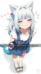 1girl :3 blue_eyes blue_hair blunt_bangs fins fish_tail gawr_gura grey_hair hair_ornament highres hololive hololive_english long_hair looking_at_viewer multicolored_hair sandals shark_girl shark_tail short_sleeves smile smug solo streaked_hair tail tenchi_mayo virtual_youtuber