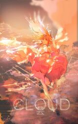 1girl abstract abstract_background absurdres arm_at_side chromatic_aberration commentary_request dress english_text euroroyan expressionless floating_clothes floating_hair hand_up highres layered_dress long_hair long_sleeves orange_dress orange_eyes orange_hair orange_theme original parted_bangs parted_lips running scenery