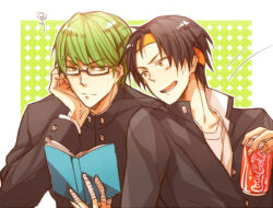 2boys bandaged_fingers bandages black-framed_eyewear black_hair black_jacket border buttons can character_request coca-cola collared_jacket drink_can eyelashes fingernails furrowed_brow gakuran glasses green_background green_eyes green_hair hair_between_eyes hand_on_own_cheek hand_on_own_face happy headband high_collar holding holding_can jacket kuroko_no_basuke layered_sleeves long_sleeves lower_teeth_only male_focus midorima_shintarou multiple_boys open_clothes open_jacket open_mouth orange_headband outline outside_border reading school_uniform shirt short_hair sleepy69 smile soda_can teeth upper_body white_border white_outline white_shirt yellow_eyes