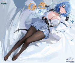 1girl animal azur_lane bed_sheet belt bird black_belt black_gloves black_pantyhose blue_hair blush breasts brown_pantyhose chain chapayev_(azur_lane) chick cleavage cleavage_cutout closed_mouth clothing_cutout copyright_name copyright_notice feet flower full_body fur_trim gloves hair_ornament hair_over_one_eye hairclip half-closed_eyes hat highres jacket large_breasts logo long_sleeves looking_at_viewer lying manjuu_(azur_lane) medium_hair military_hat miniskirt mole mole_on_breast momokan_(kandume200) non-web_source official_art on_back on_bed pantyhose peaked_cap petals pillow pleated_skirt purple_eyes skirt swept_bangs thighs unworn_hat unworn_headwear white_hat white_jacket white_skirt