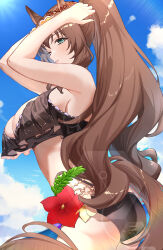 Rule 34 | 1girl, animal ears, bikini, black bikini, blue eyes, blue sky, breasts, brown hair, chikabe, cleavage, closed mouth, cloud, day, flower, highres, horse ears, horse girl, horse tail, large breasts, long hair, maruzensky (blasting off summer night) (umamusume), maruzensky (umamusume), official alternate costume, one eye closed, outdoors, ponytail, red flower, sky, solo, swimsuit, tail, umamusume