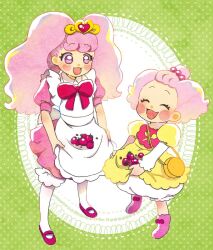 2girls apron bangs_pinned_back bloomers bow commentary_request dress food fruit full_body go!_princess_precure hair_ornament heart_on_cheek hoppetoonaka3 in-franchise_crossover kirakira_precure_a_la_mode long_hair mary_janes multiple_girls open_mouth pekorin_(precure) pekorin_(precure)_(human) personification pink_dress pink_hair precure puff_(go!_princess_precure) puff_(go!_princess_precure)_(human) purple_eyes shoes short_hair skirt_basket smile standing strawberry twintails underwear white_apron white_bloomers yellow_dress