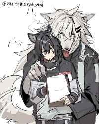 2girls animal_ears arknights behind_another black_hair black_jacket brown_gloves claws clipboard expressionless fingerless_gloves food food_in_mouth furrification furry gloves hair_ornament hairclip hand_on_another&#039;s_shoulder heavy_breathing height_difference highres holding holding_clipboard jacket lappland_(arknights) long_hair long_sleeves looking_at_another multiple_girls mutomorokoshi pocky pocky_in_mouth scar scar_across_eye scar_on_face simple_background snout tail tail_wagging texas_(arknights) tongue tongue_out upper_body white_background white_eyes white_fur white_hair wolf_ears wolf_girl yellow_eyes