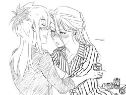 Rule 34 | 2girls, alcohol, beer, blush, can, closed eyes, collarbone, collared shirt, commentary request, drunk, greyscale, half updo, hands on another&#039;s shoulders, happy, holding, holding can, ishida miyako, koe no katachi, long hair, looking at another, mature female, monochrome, multicolored hair, multiple girls, nishimiya yaeko, open mouth, roots (hair), shirt, sidelocks, striped clothes, striped shirt, upper body, v-shaped eyebrows, vertical-striped clothes, vertical-striped shirt, white background, yealzero, yuri