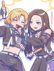 2girls :d arm_belt arm_up bang_dream! belt belt_buckle black_choker black_coat black_gloves black_jacket black_pants blonde_hair blue_belt blue_eyes blush_stickers breast_pocket brown_hair buckle buttons chinese_text choker chromatic_aberration clenched_hand closed_eyes clothing_cutout coat collared_jacket criss-cross_halter crop_top cropped_jacket cropped_shirt dated drop_shadow earrings fingerless_gloves gloves glowstick half_gloves halter_shirt halterneck hand_up highres holding holding_glowstick holding_microphone jacket jewelry long_hair long_sleeves looking_at_another microphone midriff multiple_girls navel open_clothes open_jacket open_mouth pants pendant pocket purple_pants sato_masuki short_hair shoulder_belt shoulder_cutout side-by-side smile striped_belt translation_request twitter_username two-tone_belt two-tone_pants umaa42 v-shaped_eyebrows wakana_rei white_background white_belt