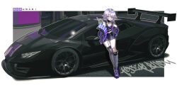 1girl bandaid bandaid_on_cheek bandaid_on_face bandaid_on_nose black_car black_jacket black_shirt black_skirt car chest_jewel cracked_skin gem grey_hair grey_leg_warmers grey_thighhighs grin hair_over_one_eye highres hololive hololive_english jacket jewel_under_eye koseki_bijou koseki_bijou_(casual) lamborghini_huracan leg_warmers metal_wings miniskirt motor_vehicle official_alternate_costume official_alternate_hairstyle purple_eyes purple_gemstone quilted_jacket shirt short_hair single_leg_warmer single_thighhigh skirt smile sneusagi solo spoiler_(automobile) sports_car thighhighs virtual_youtuber