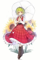 1girl ascot belt black_belt boots brown_boots closed_mouth collared_shirt commentary flower frilled_skirt frills full_body green_hair hair_between_eyes highres holding holding_umbrella kazami_yuuka lace-up_boots long_sleeves looking_at_viewer plaid_clothes plaid_skirt plaid_vest red_eyes red_skirt red_vest shirt short_hair simple_background skirt smile solo standing sunflower touhou umbrella vest watermark white_background white_flower white_shirt white_umbrella yellow_ascot yellow_flower yinco