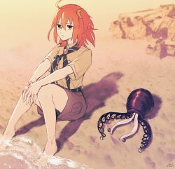 1boy 1girl ahoge ashiya_douman_(fate) ayamatazu barefoot beach chaldea_pathfinder fate/grand_order fate_(series) fujimaru_ritsuka_(female) fujimaru_ritsuka_(female)_(chaldea_pathfinder) in_container in_jar jar multicolored_hair ocean official_alternate_costume orange_eyes orange_hair shorts side_ponytail signature sitting sunset two-tone_hair