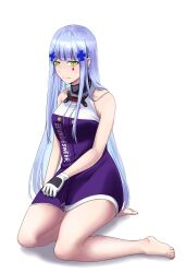1girl alternate_costume arm_behind_back bare_legs bare_shoulders barefoot blue_hair breasts closed_mouth commentary dress english_commentary feet full_body girls&#039;_frontline gloves green_eyes hair_ornament hairclip highres hk416_(girls&#039;_frontline) kneeling legs light_blush light_smile lips long_hair looking_at_viewer medium_breasts purple_dress reizo_ne sidelocks simple_background solo strapless strapless_dress tattoo teardrop_facial_mark teardrop_tattoo thighs toenails toes two-tone_dress white_background white_gloves
