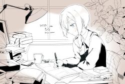 1girl book cup erica_hartmann highres holding indoors lamp letter military military_uniform monochrome paper pen plant saki_hajime short_hair sitting solo strike_witches tea window world_witches_series