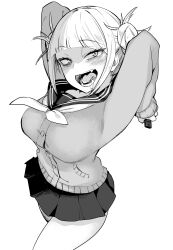 1girl absurdres arms_behind_head blush boku_no_hero_academia breasts drooling fangs highres holding holding_weapon kuga_tsuniya large_breasts looking_at_viewer open_mouth school_swimsuit school_uniform serafuku skirt solo sweater swimsuit thighs toga_himiko weapon