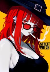 1girl black-framed_eyewear black_hat blunt_bangs breasts cigarette cleavage commentary earrings english_commentary hat highres jewelry large_breasts long_hair looking_at_viewer original red-tinted_eyewear red_eyes red_hair simple_background smoking solo sunglasses tinted_eyewear upper_body val_(yan_kodiac) yan_kodiac yellow_background