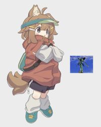 1girl :o absurdres ahoge animal_ear_fluff animal_ears bag belt black_shorts blue_eyes blue_shoes blush brown_hair crossed_arms dog_ears dog_girl dog_tail dot_nose fang full_body gundam hair_between_eyes hair_ornament hairpin highres ketsu_juuji_killer_(kejuki) leg_warmers legs_together long_sleeves loose_clothes mamehinata medium_hair mochiyama_kingyo open_mouth red_shirt screencap shirt shoes short_sleeves shorts shoulder_bag simple_background skin_fang solo standing tail tareme tiptoes visor_cap white_background white_shirt wide_sleeves