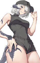 1girl au_ra bare_arms bare_shoulders baseball_cap black_hat black_shirt black_shorts blue_eyes dragon_girl dragon_horns dragon_tail final_fantasy final_fantasy_xiv hat highres horns looking_at_viewer scales shirt shorts sleeveless sleeveless_shirt solo tail torisanff14 warrior_of_light_(ff14) white_background white_hair