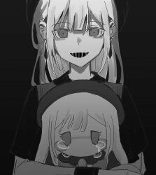 1girl bang_dream! bang_dream!_it&#039;s_mygo!!!!! beret capelet chara_tomato52 character_doll commentary earrings greyscale hat highres jewelry long_hair monochrome mortis_(bang_dream!) mortis_(costume)_(bang_dream!) mortis_(persona)_(bang_dream!) open_mouth sidelocks solo upper_body wakaba_mutsumi wakaba_mutsumi_(doll)