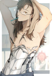 absurdres armpits arms_up brown_eyes brown_hair ecomoesty eyewear_strap face_piercing glasses highres long_hair looking_at_viewer mechabare nose_piercing nose_ring original pants piercing semi-rimless_eyewear toothbrush toothbrush_in_mouth topless_female towel towel_on_head