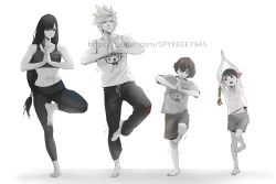 2boys 2girls arms_up barefoot black_hair blue_eyes braid braided_ponytail child cloud_strife denzel_(ff7) family final_fantasy final_fantasy_vii final_fantasy_vii_advent_children full_body greyscale hair_ribbon highres long_hair looking_at_another low-tied_long_hair marlene_wallace midriff monochrome multiple_boys multiple_girls navel own_hands_together pants red_eyes ribbon shirt shorts spiked_hair sports_bra sportswear spykeee square_enix standing standing_on_one_leg t-shirt tifa_lockhart twitter_username watermark yoga_pants