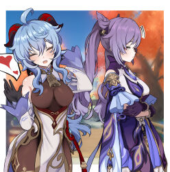 2girls 7neet absurdres ahoge bare_shoulders bell black_gloves blue_hair blush bow breasts brown_pantyhose choker closed_eyes cone_hair_bun detached_sleeves double_bun dress frilled_gloves frills ganyu_(genshin_impact) genshin_impact gloves gold_trim hair_bun hair_ears heart highres horns jewelry keqing_(genshin_impact) long_hair medium_breasts multiple_girls neck_bell open_mouth outdoors pantyhose purple_choker purple_dress purple_eyes purple_gloves purple_hair sidelocks smile spoken_heart tassel thighlet twintails vision_(genshin_impact) white_sleeves