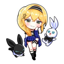 1girl alternate_costume bao_bao_(dokibird) black_footwear black_hairband black_shirt black_shorts black_socks blonde_hair blue_jacket chibi choker cipher4109 commentary dokibird_(vtuber) dokibird_(vtuber)_(retro_doki) english_commentary green_eyes hairband indie_virtual_youtuber jacket long_hair looking_at_viewer mei_mei_(dokibird) ponytail shirt shoes shorts smile socks transparent_background virtual_youtuber