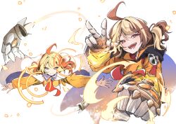 1girl absurdres ahoge airenif blonde_hair cape commentary english_commentary gauntlets gigi_murin gigi_murin_(1st_costume) highres hololive hololive_english hood hood_down hoodie looking_at_viewer medium_hair multiple_views open_mouth purple_eyes sharp_teeth smile teeth twintails virtual_youtuber w white_cape yellow_hoodie