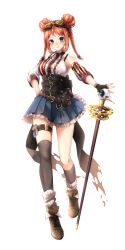1girl absurdres animal_collar armpit_peek asymmetrical_legwear asymmetrical_sleeves bare_shoulders belt belt_buckle belt_pouch black_belt black_collar black_corset black_gloves black_socks black_thighhighs blue_bow blue_eyes blue_skirt blush boots bow braid breasts brown_boots buckle cane center_frills collar commentary_request corset detached_sleeves double_bun fingerless_gloves frilled_skirt frills full_body gears gem gloves goggles goggles_on_head hair_bow hair_bun hand_on_cane hand_on_own_hip highres key keyring looking_at_viewer loose_socks medium_hair miniskirt multiple_belts orange_hair original over-kneehighs pouch red_sleeves shirt sidelocks single_glove skirt sleeve_cuffs sleeveless sleeveless_shirt small_breasts smile socks solo standing striped_clothes striped_sleeves striped_socks tachi-e thigh_strap thighhighs torn_clothes tsuru63194 twin_braids two-tone_sleeves uneven_legwear v-shaped_eyebrows vertical-striped_clothes vertical-striped_sleeves vertical-striped_socks vial white_shirt white_sleeves white_socks